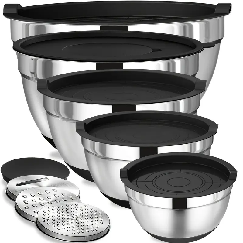 8pcs Stainless Steel Mixing Bowls Set - Chef Airtight Lids, 3 Grater Attachments, Non-Slip Bottoms - Black Kitchen Bowls for Baking & Serving, Size 5, 4, 3.5, 2, 1.5QT