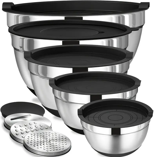 8pcs Stainless Steel Mixing Bowls Set - Chef Airtight Lids, 3 Grater Attachments, Non-Slip Bottoms - Black Kitchen Bowls for Baking & Serving, Size 5, 4, 3.5, 2, 1.5QT