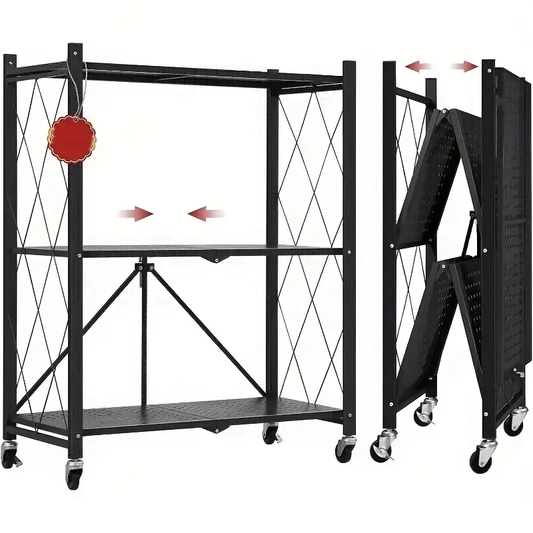 Heavy-Duty Foldable Metal Shelving Unit - Extra-Sturdy Garage, Kitchen, Commercial Rack - 750 lb Capacity per Level - Space-Saving Foldable Design - Industrial & Home Use - Easy-Roll Casters - Black Metal Storage Shelf
