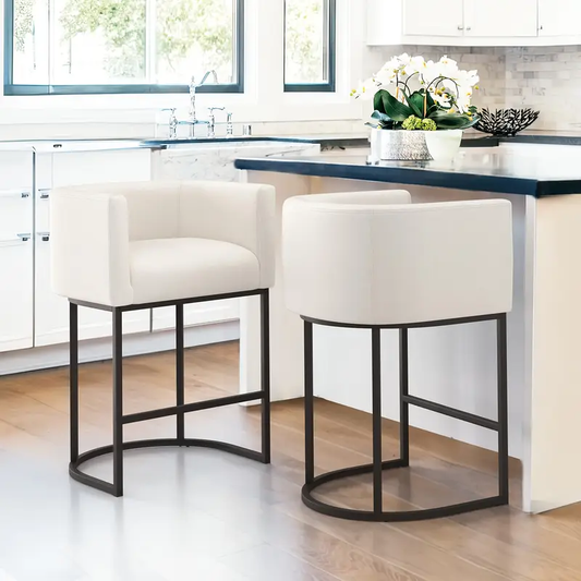 Modern Beige 26 Inch Counter Height Bar Stools | Linen Fabric Upholstered Accent Barstools with Backrest And Arms, Black Metal Frames