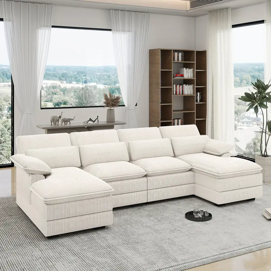 U-Shape Combo Sofa, 111.8'' Comfort 4 Seater Cloud Sofa, Living Room Cloud Sofa, Modern Deep Seat Comfort Corduroy Combo Sofa with Lumbar Cushion for Apartments, Apartment Homes, Living Rooms